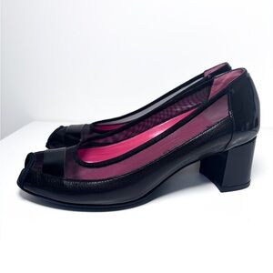 Pas de Rouge Black Mesh Patent Leather Peep Toe Block Heel Pumps – Size 38.5